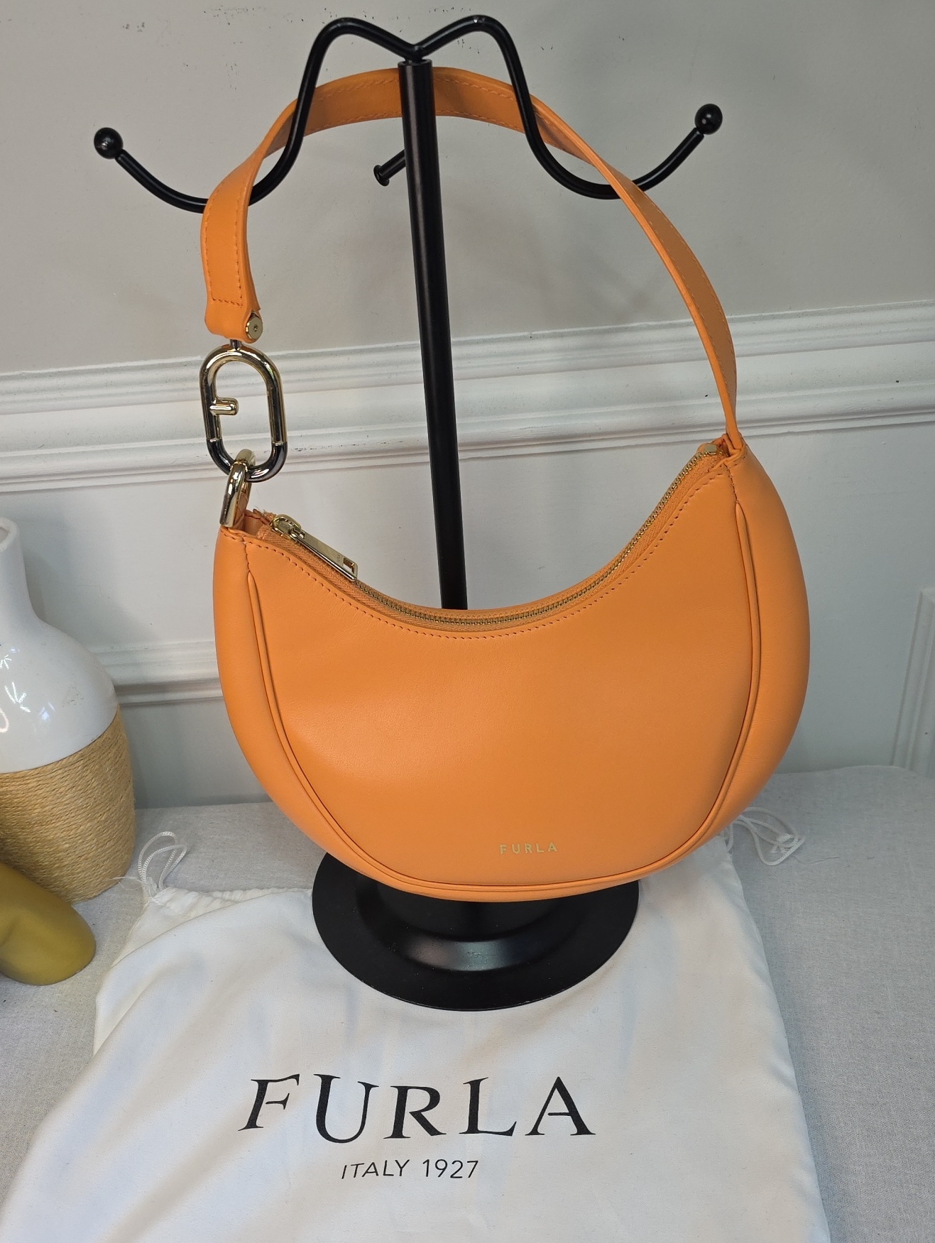 Furla Primavera Orange Crescent Shoulder Bag With Gold Hardware